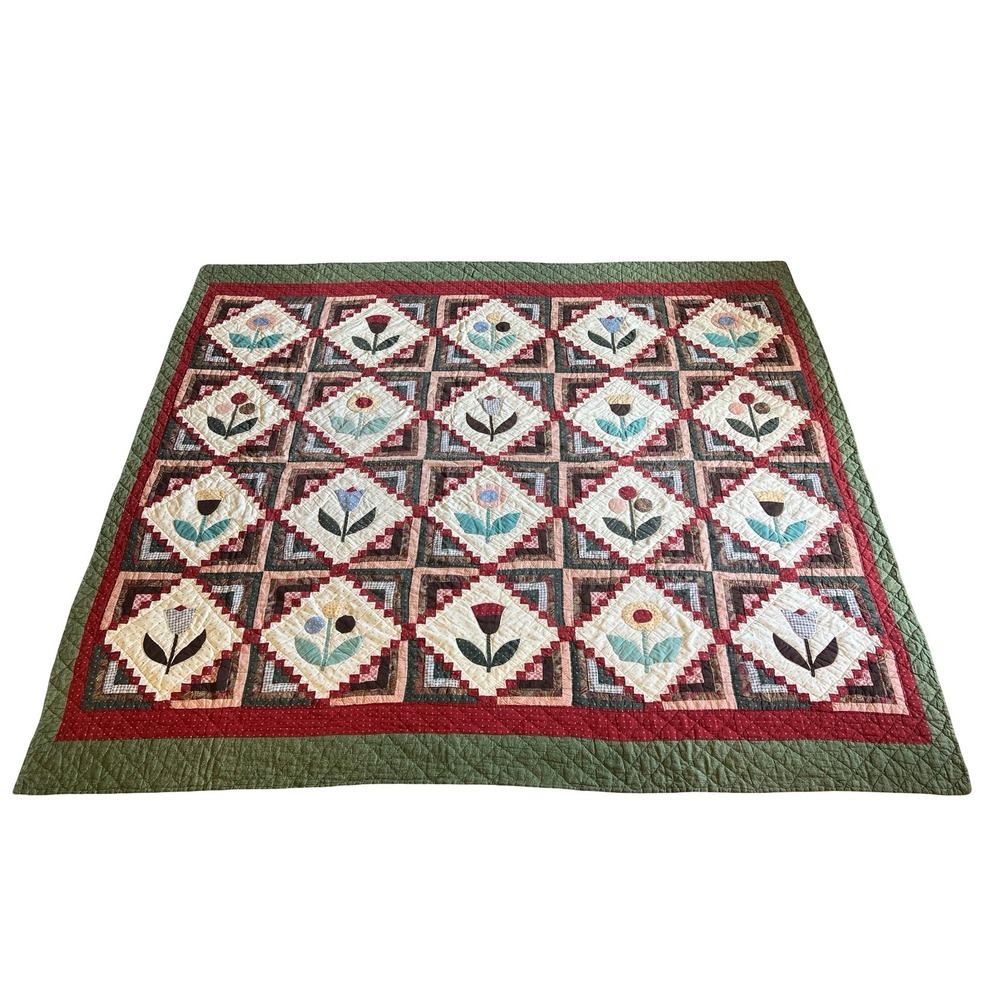 VTG Handcrafted Traditional Rustic Tulip Floral Applique Log Cabin Quilt 99x86"